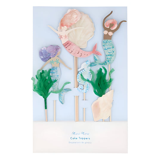 Mermaid Cake Toppers By Meri Meri With 7 Different Designs Including Mermaid, Seahorse & Shells.