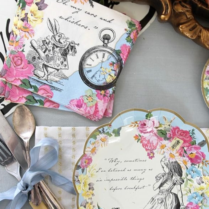 Gorgeous Alice in Wonderland party tableware including Alice paper plates and alice party cups