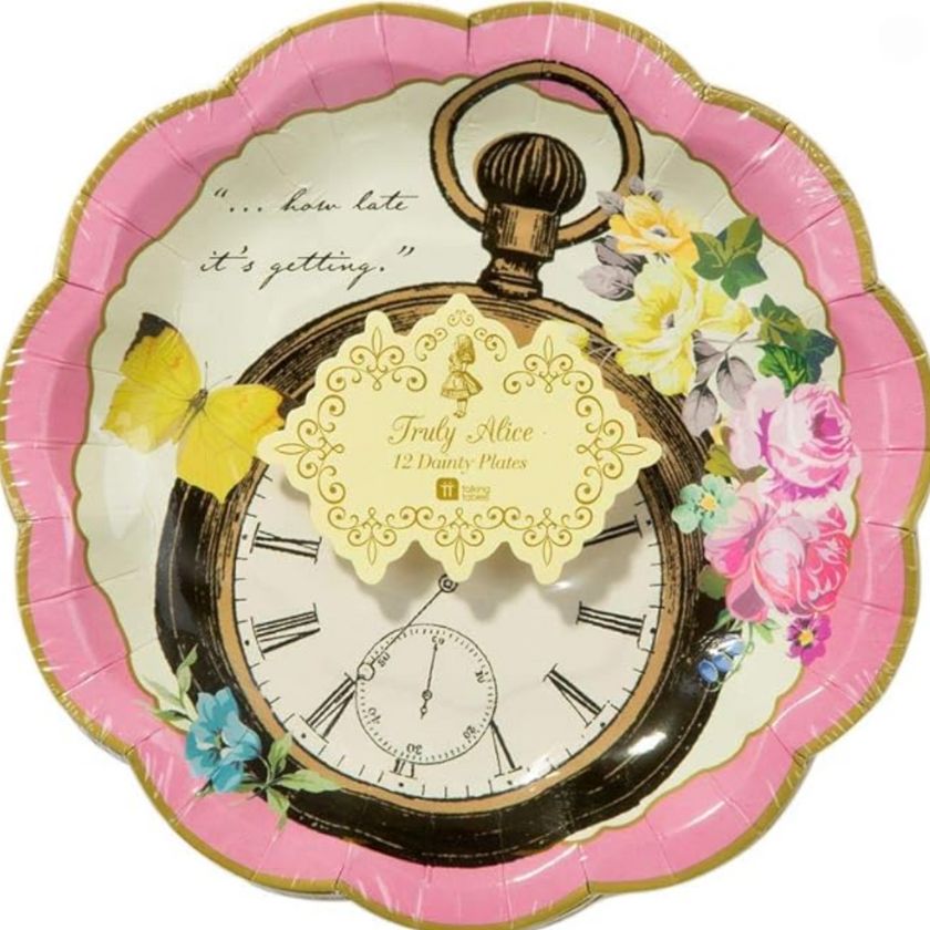 Whimsical Truly Alice dainty party plate by Talking Tables in pink with pocket watch, butterfly and flower design