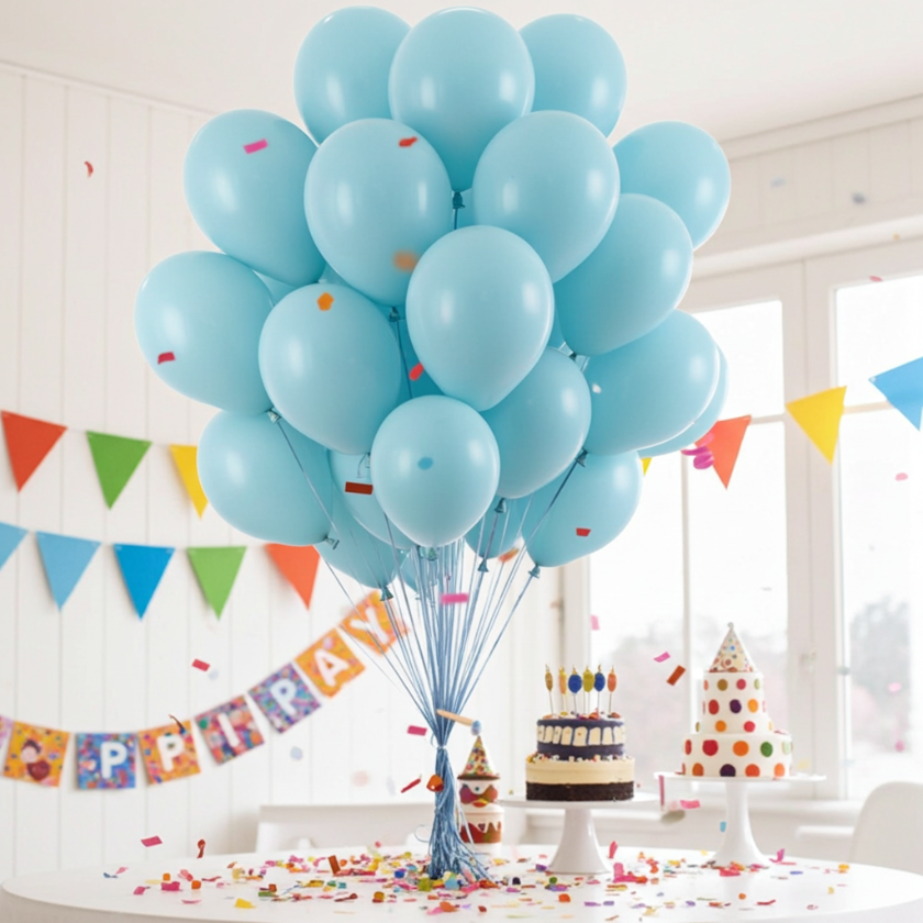 aquamarine bunch of balloons in a party scene