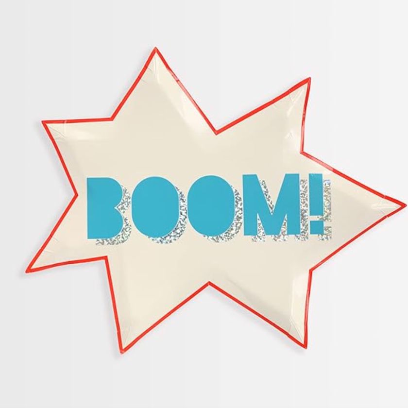 White Lightning bolt shaped plate with red border and the word boom on it in light blue & silver