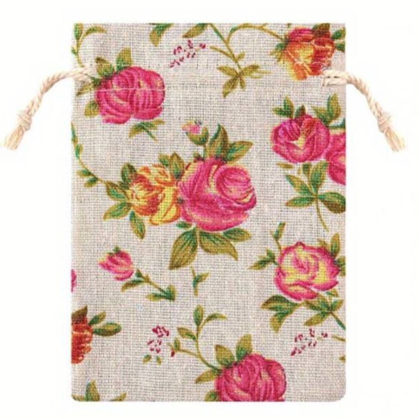 Rose print burlap favour bag. 10 pack