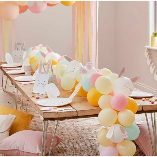 Gorgeous balloon table runner with stick on rabbit ears and feet. Pastel