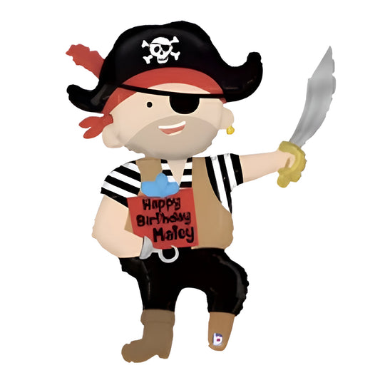 Giant Pirate shaped balloon holding sword with eye patch and hook hand.