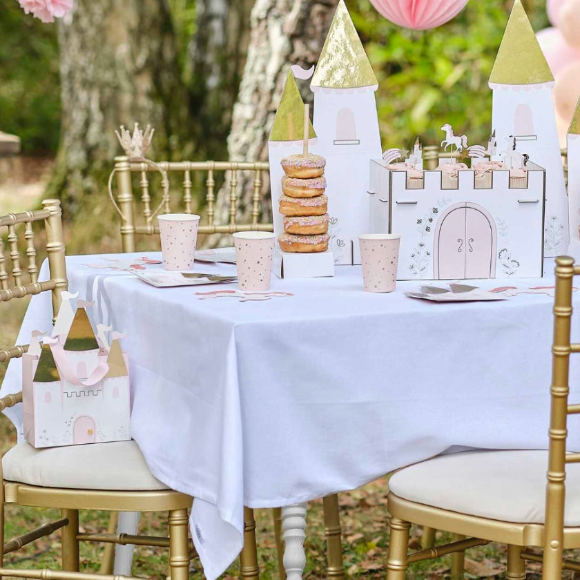 Gorgeous Princess party bags in shape of Castle. Gold turrets, Pink ribbon handles with pink and gold detail