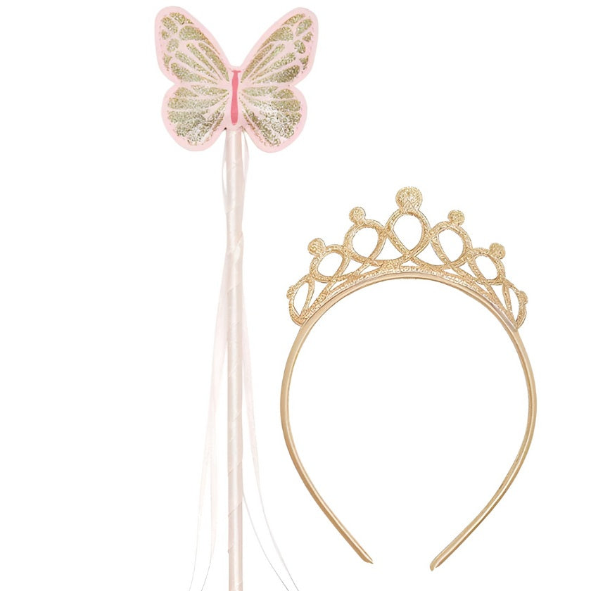 Gorgeous wand and tiara set by Talking Tables. Wand is pink & gold butterfly shape with gold sparkly tiara.