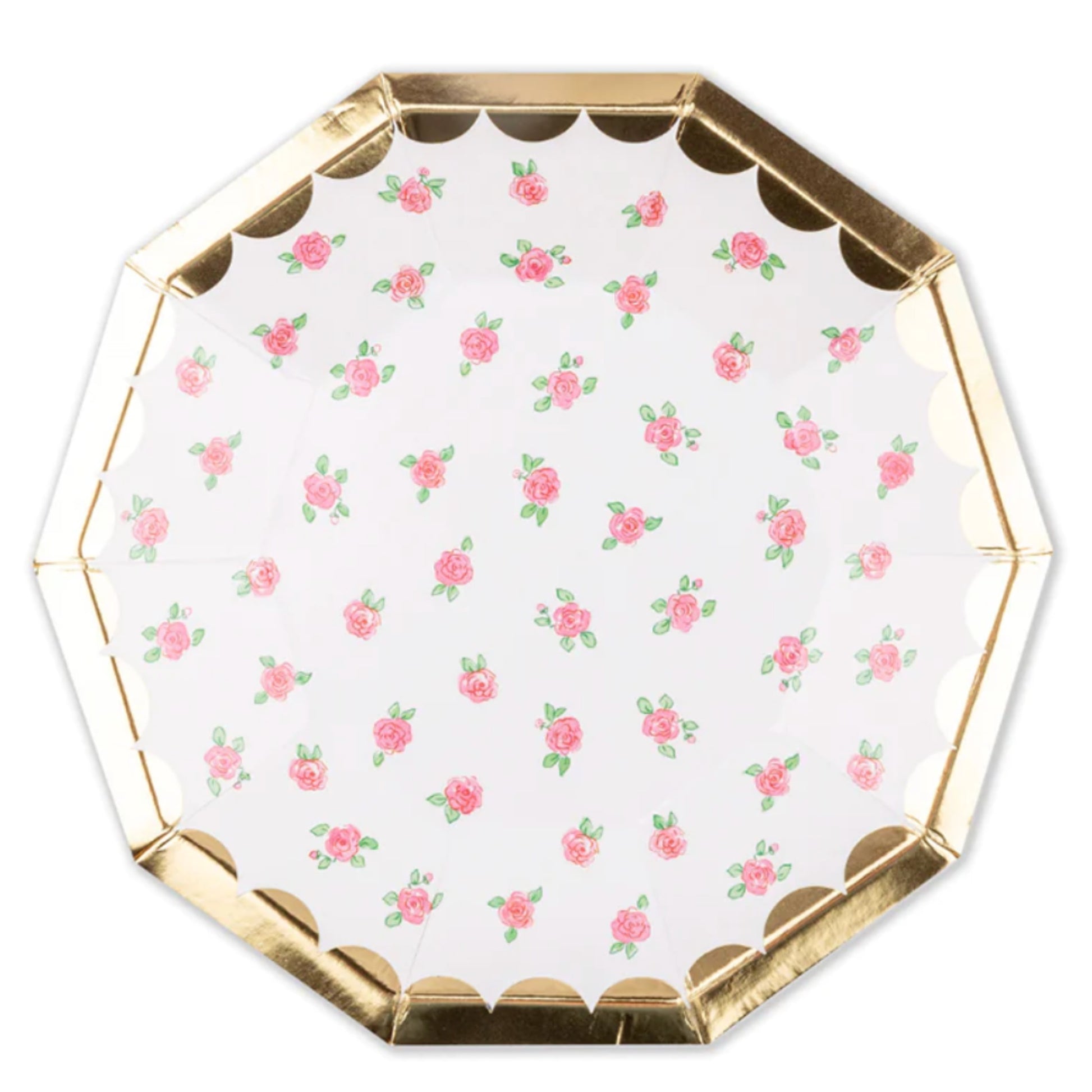 Pretty Lola Dutch Small Plates with shiny gold foil border and pale red rose print. 19cm