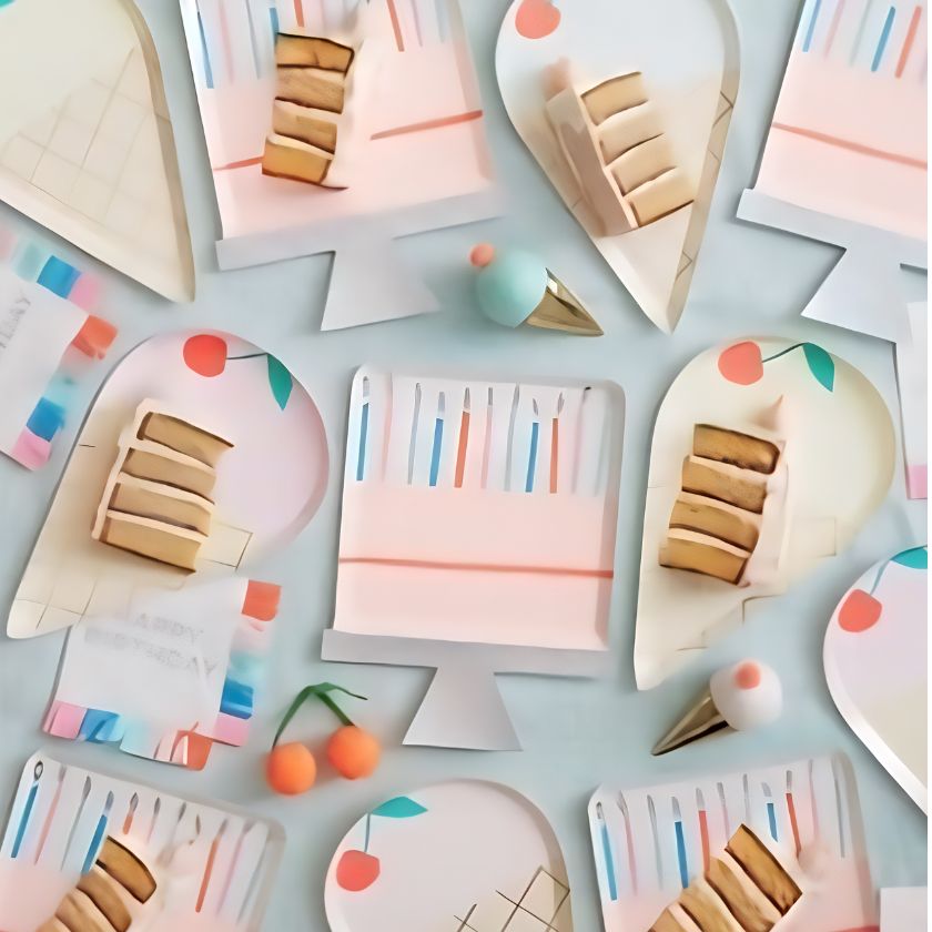 Fun Birthday cake shaped party plates by Meri Meri in pink, silver and coloured candles