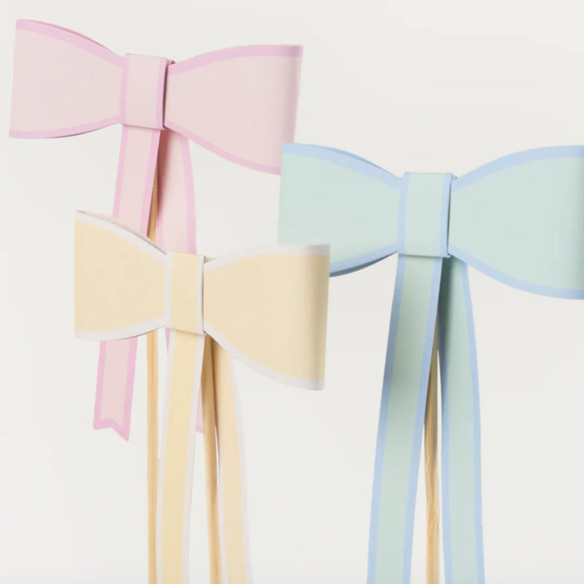 Large Bow cake toppers in 3 pastel colours, peach,yellow & mint. 23-25cm