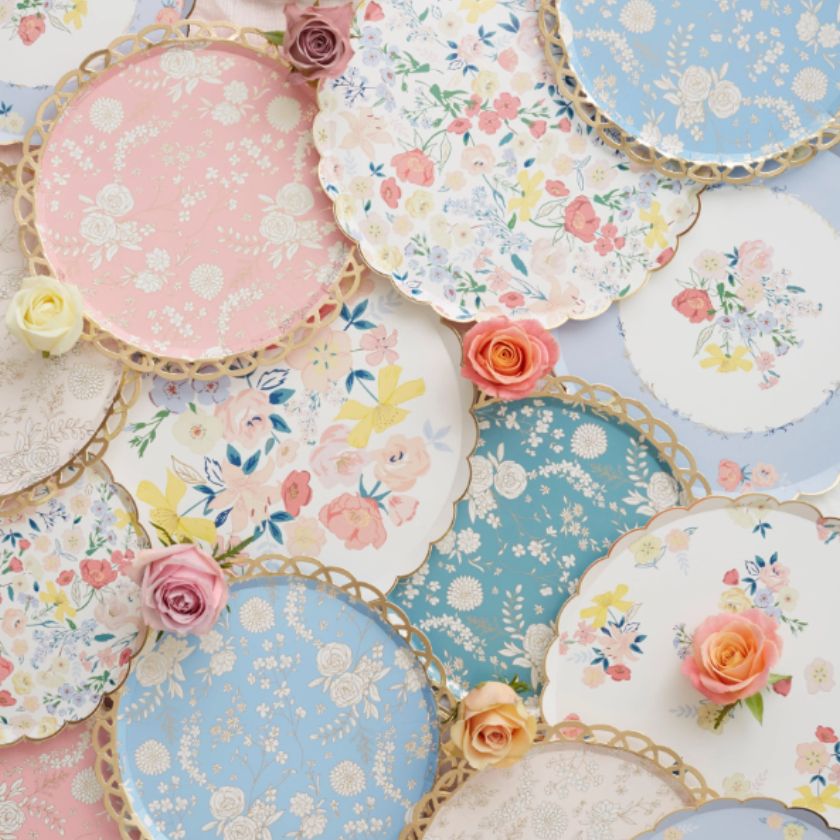 Beautiful mix of Meri Meri dinner plates.  English garden floral designs and floral lace designs
