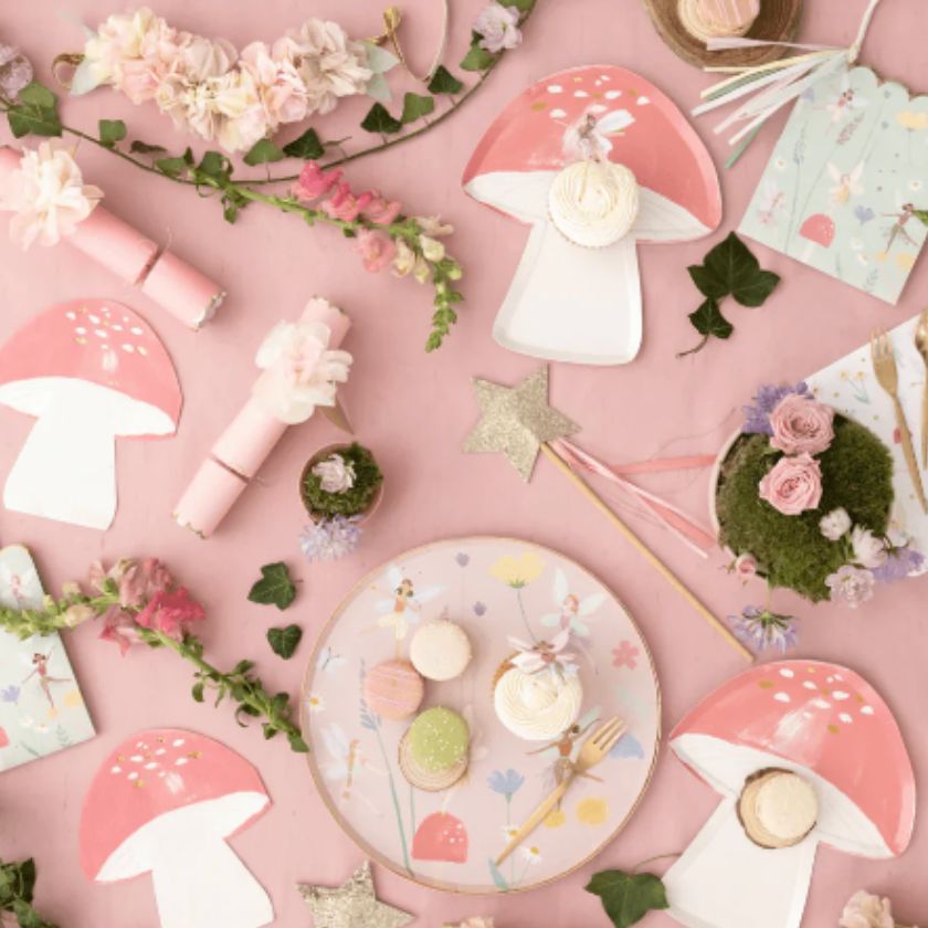 Fariy Plates and Fairy Toadstool Plates by Meri Meri on Table with Flowers