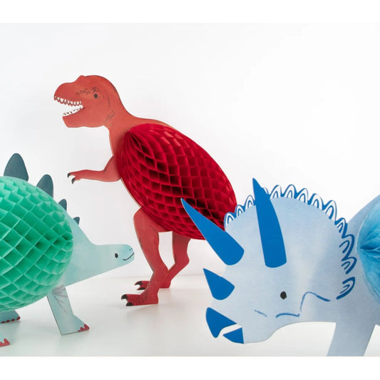 Incredible honeycomb dinosaur decorations in red, green and blue in shapes of t-rex, triceratops and stegosaurus