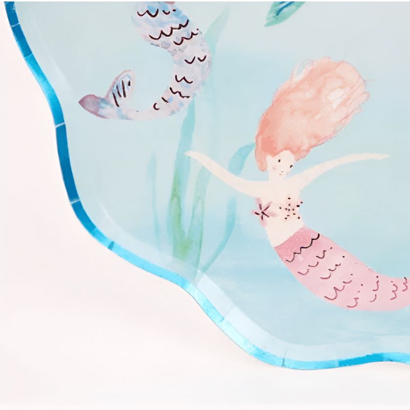 Close up image of Meri Meri's Mermaid Swimming Party Plate in blue with swimming Mermaid