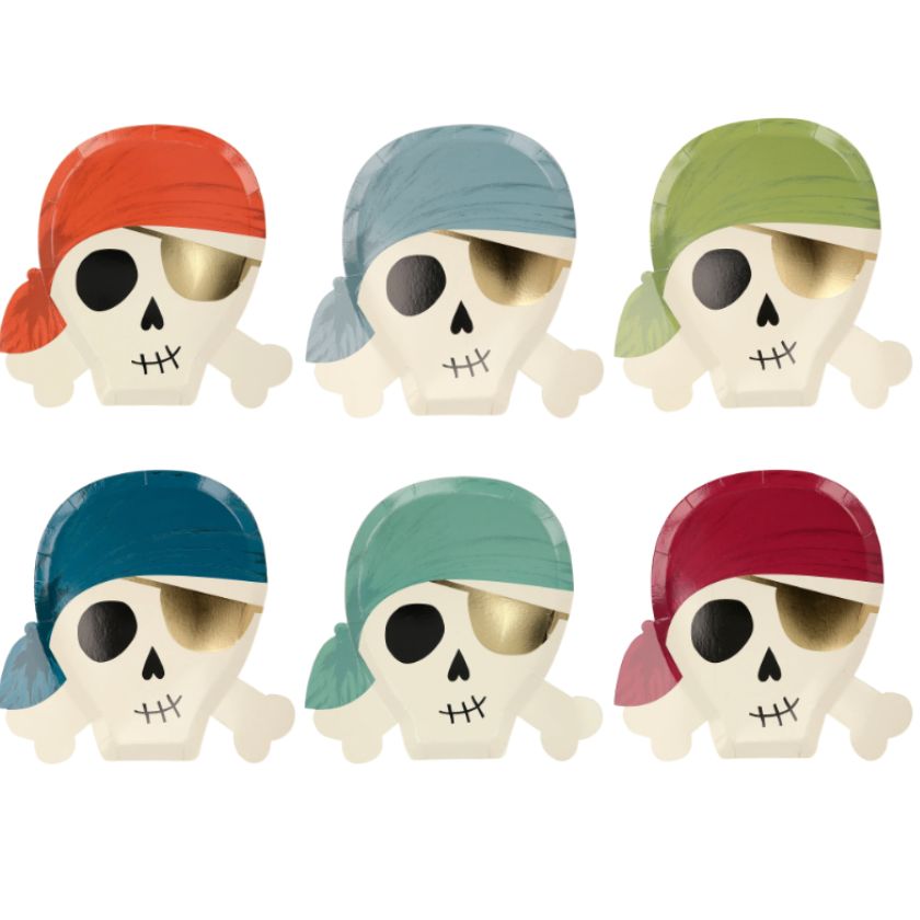 Displaying 6 different pirate plates by Meri Meri.  Plates have 6 different coloured bandanas with gold eye patch.