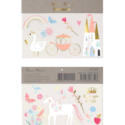 Fun temporary Princess tattoos for party including unicorns, butterflies, crowns, flowers,swan, princess carriage and castle