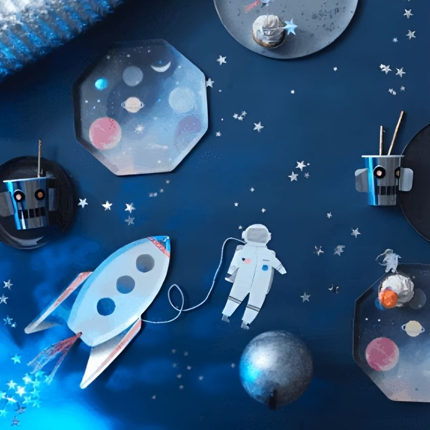 Amazing Space theme party table with Rocket plates, astronauts, space cups and planets