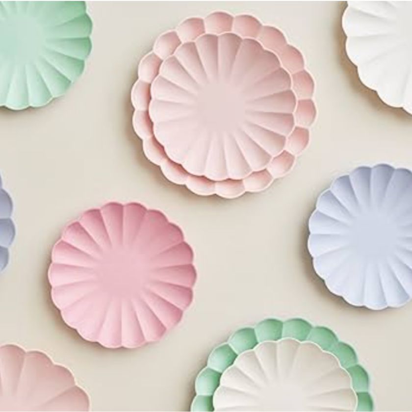 Scalloped bamboo plates by Meri Meri in beautiful pastel colours. Lilac, pink, cream and mint