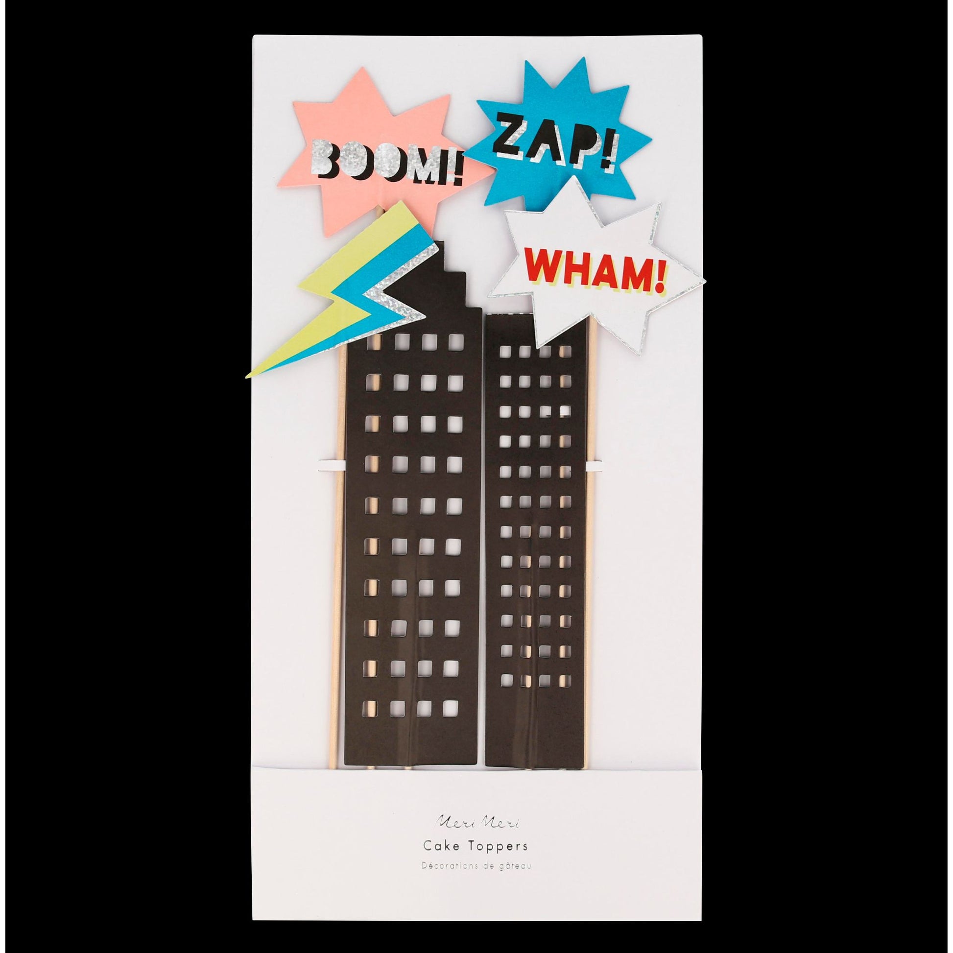 Fabulous Super Hero Cake Toppers by Meri Meri. Wham, Zap & Boom on top of building