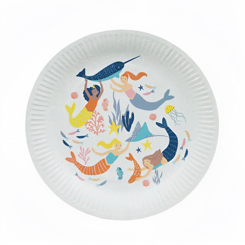 Stunning mermaid paper party plates by Talking Tables in pale blue with multi-coloured mermaids, fish and coral