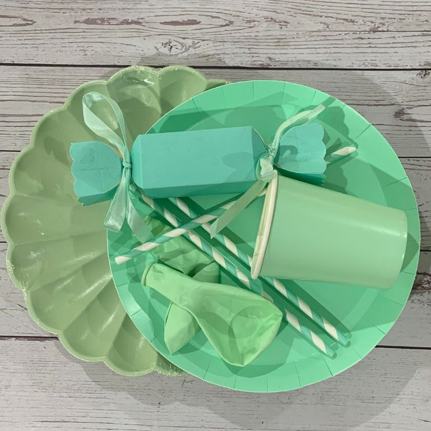 Beautiful mint coloured party tableware including, plates,bon bon, cups, straws and balloons.
