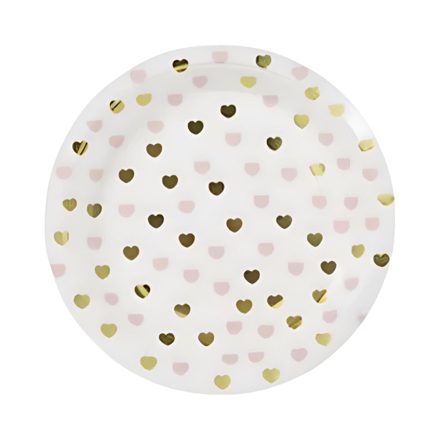 Heart Pattern round Party Plates with Pink & Gold sparkle hearts on white background