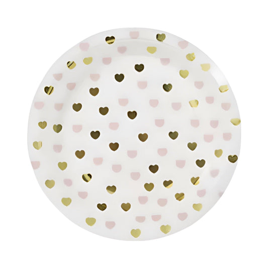 Heart Pattern  round Party Plates with Pink & Gold sparkle hearts on white background
