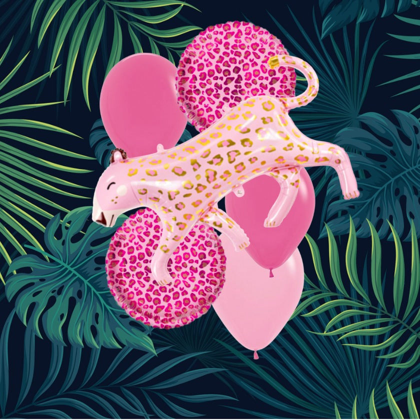 Beautiful Jumbo pink leopard shaped balloon with two round pink leopard balloons and 3 small pink standard balloons