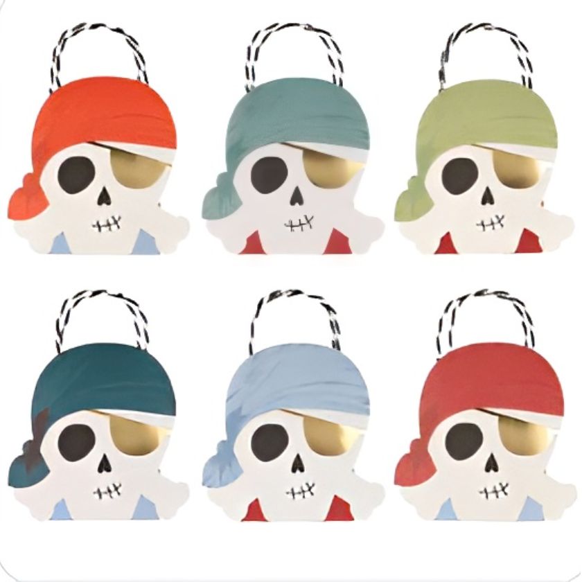 Meri Meri designed Pirate Party Bags in 6 different colours with black and white twisted raffia handle