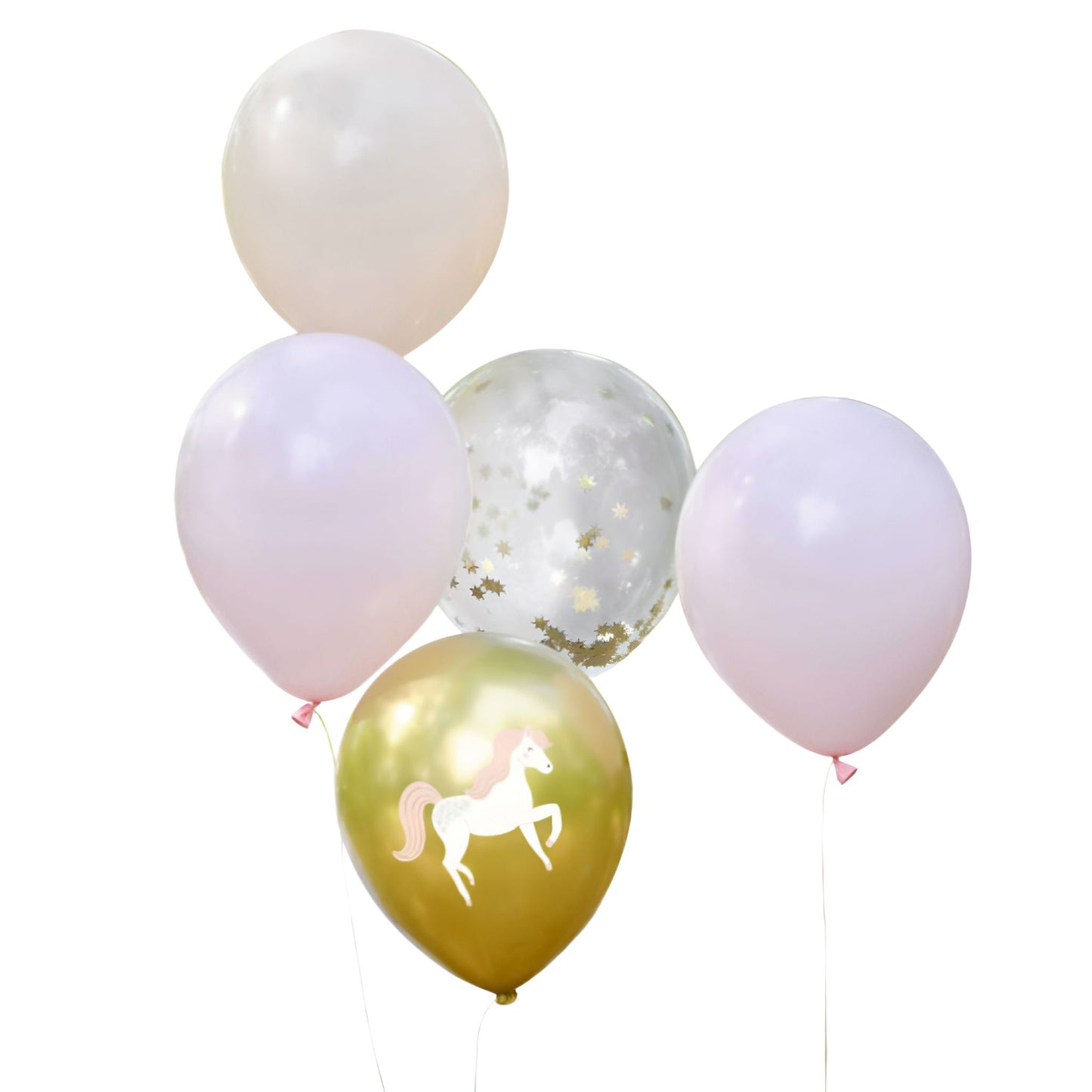 Gorgeous Princess & Unicorn Balloon Bouquet with 1 x Gold balloon with unicorn print, 3 x pink balloons and 1 x confetti balloon