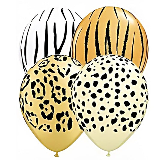 Safari animal print balloons in 4 different designs. Leopard, Tiger, Zebra and Cheetah