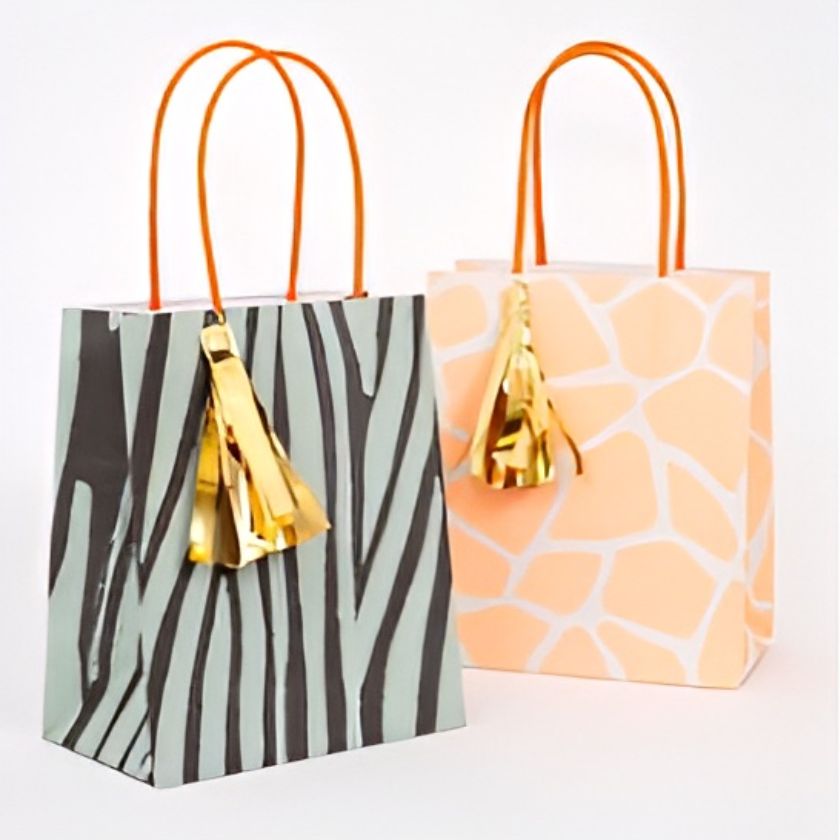 Close up image of 2 Meri Meri Safari animal print party bags