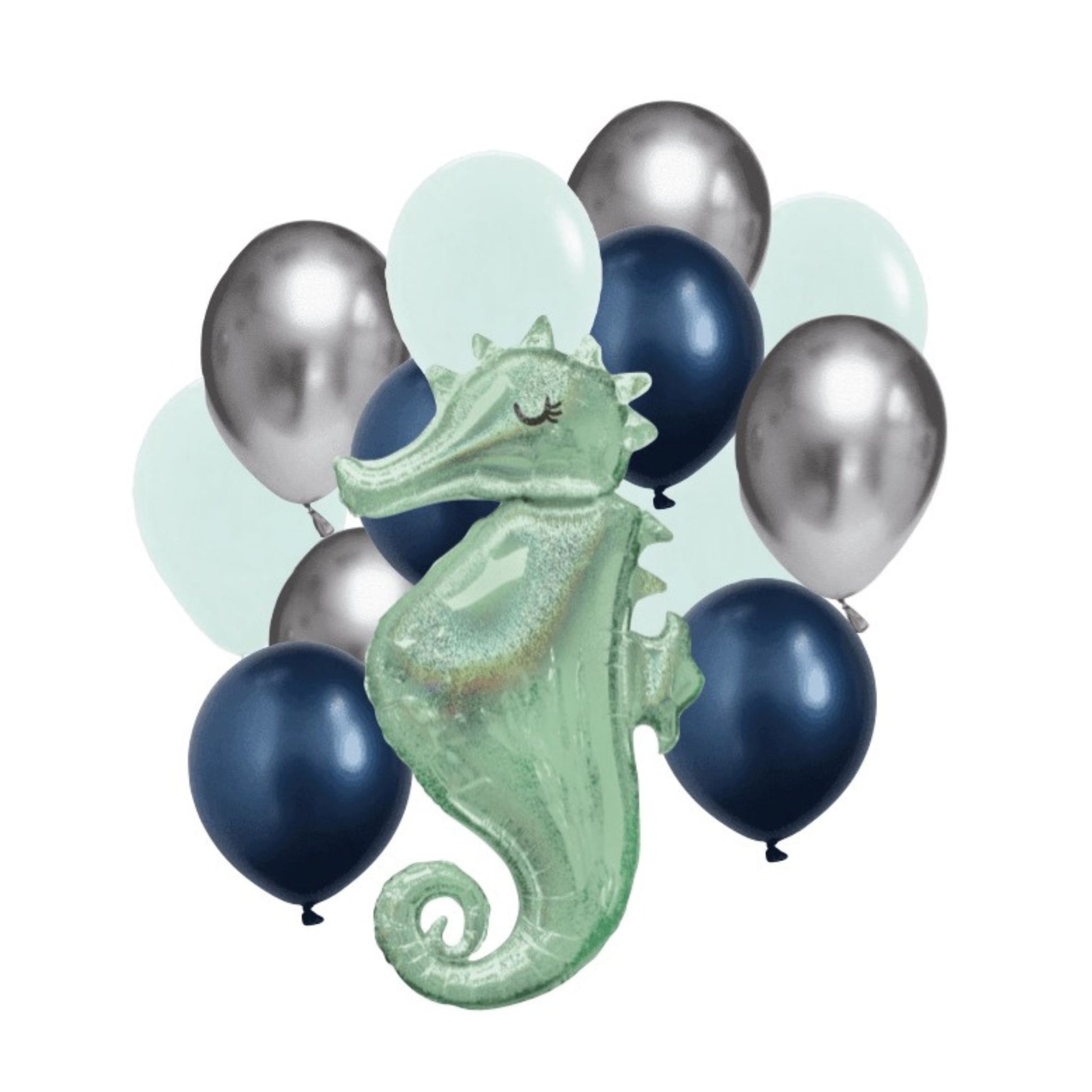 Seahorse Balloon Bouquet with navy blue, mint and silver standard balloons plus giant mint coloured Seahorse Balloon.