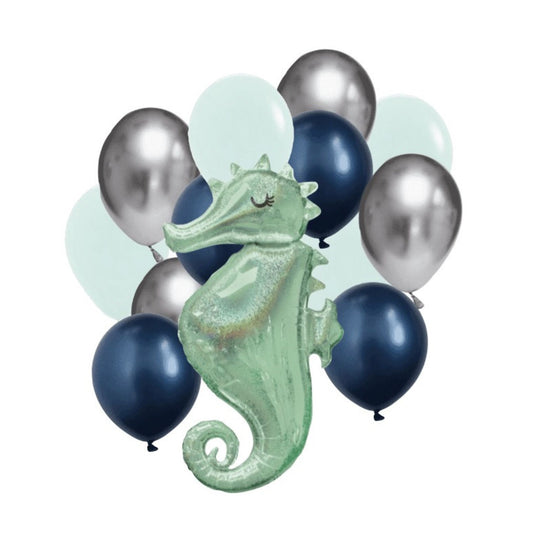 Seahorse Balloon Bouquet with navy blue, mint and silver standard balloons plus giant mint coloured Seahorse Balloon.