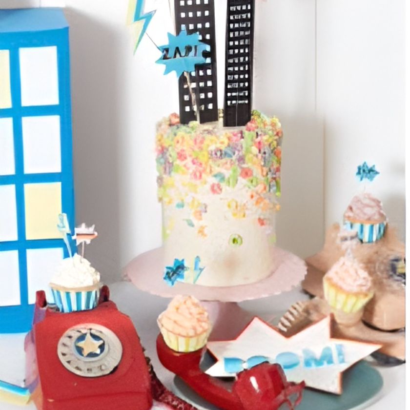 Super Hero cake toppers on cake