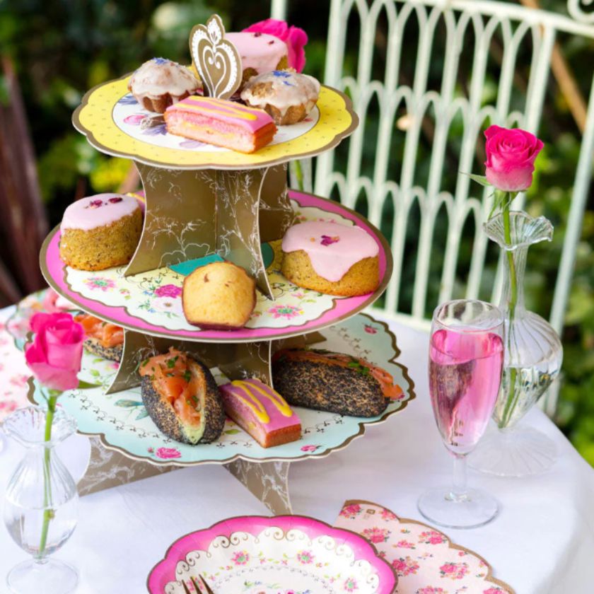 Table Setting With 3 Tier Vintage Style Cake Stand In 3 Different Floral Colours together With Vintage Plates and cakes
