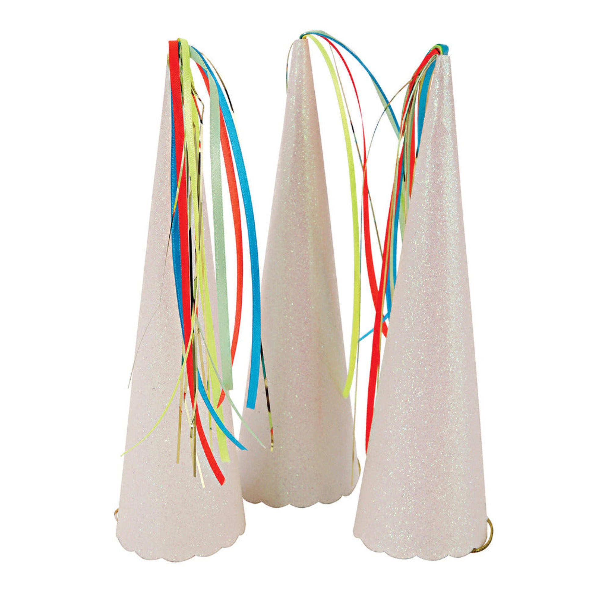 Stunning sparkly ivory unicorn horn party hats with neon coloured ribbon