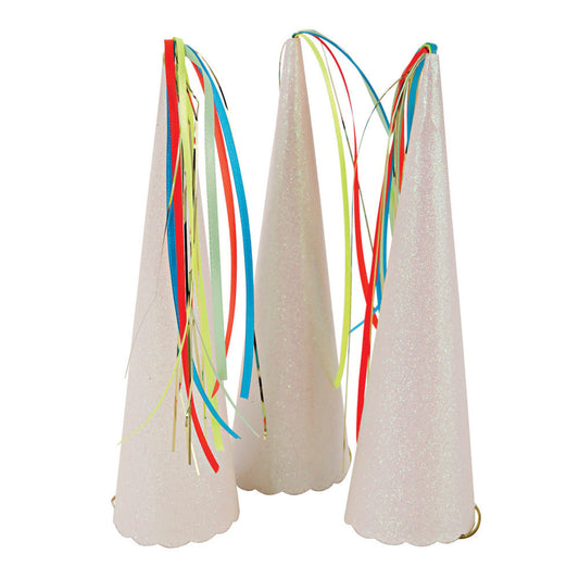 Stunning sparkly ivory unicorn horn party hats with neon coloured ribbon