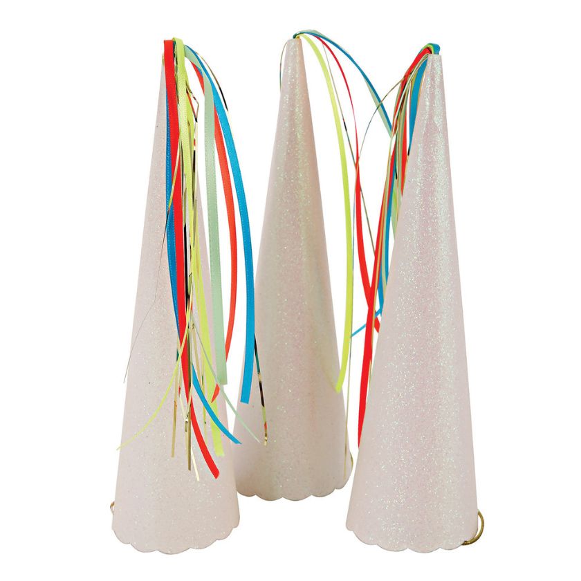 Unique & gorgeous these Unicorn hat horns stand 21.5cm tall and have multicoloured neon ribbon flowing from top