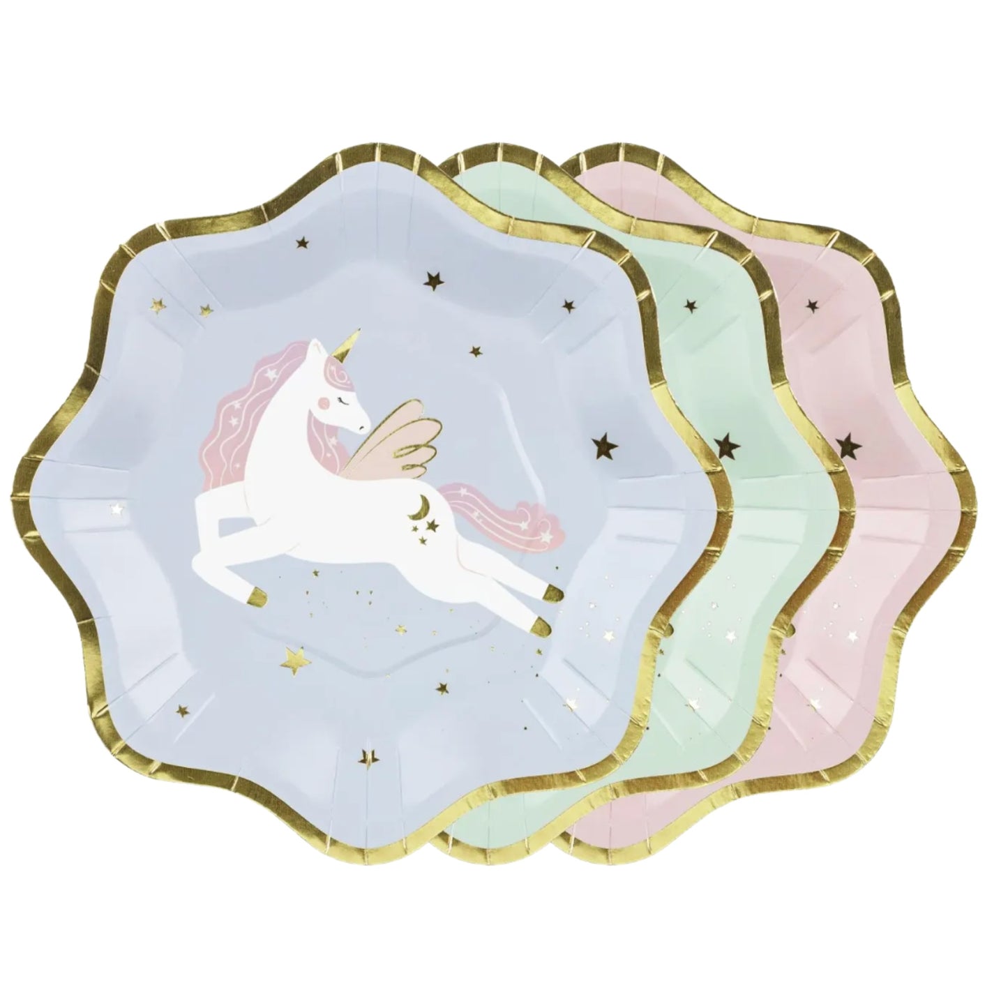 Gorgeous gold scalloped Unicorn paper plates in 3 colours, lilac, mint and pink with white Unicorn and gold stars
