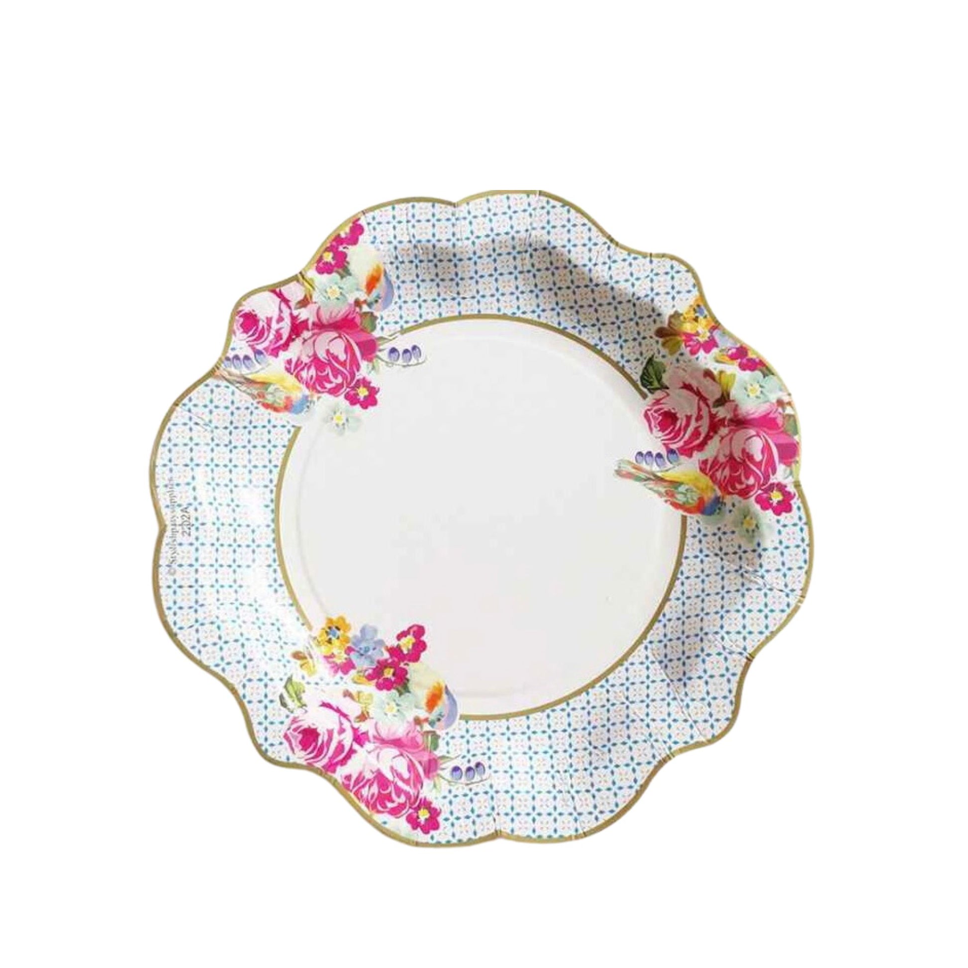 Gorgeous Blue Floral Vintage Paper Plate With Wide Blue Edges & Pink Florals. 8 Pack. 21cm