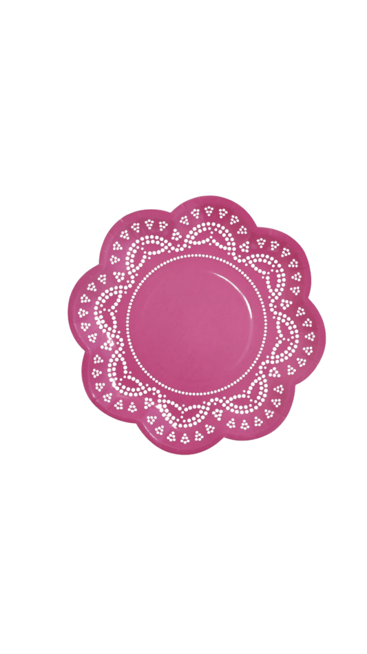 Stunning hot pink paper dessert plates with white lace print around border