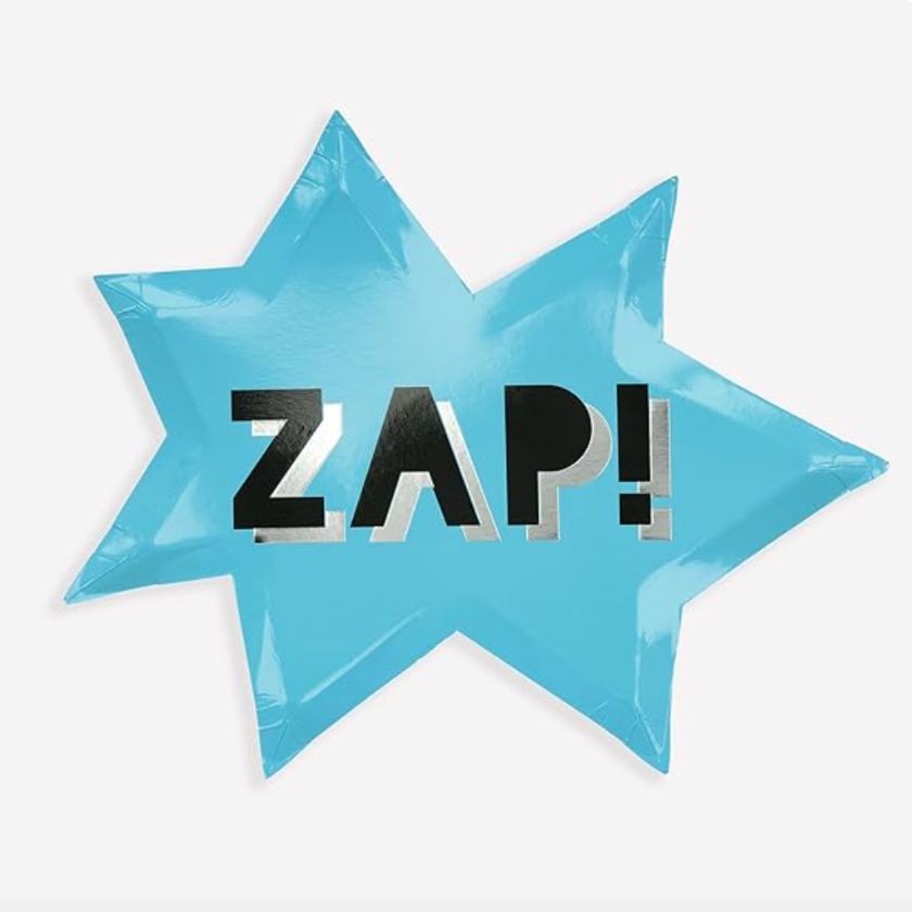 Fantastic lightning bolt shaped light blue super hero plate with the word zap on it in black.