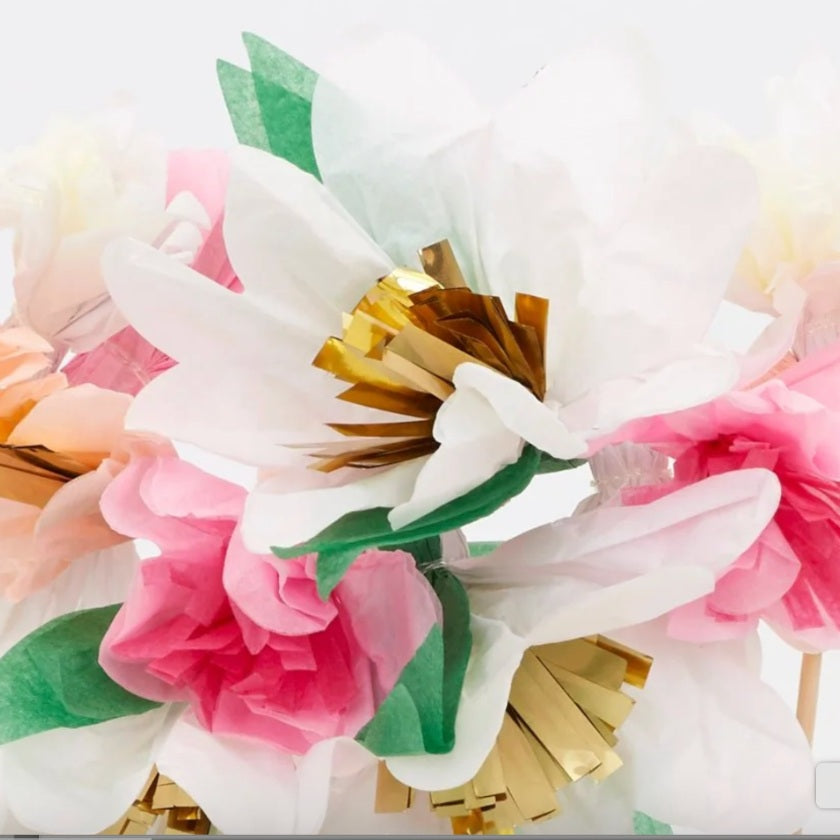 Stunning cake topper with white & pink tissue flowers, gold foil and green tissue leaves.