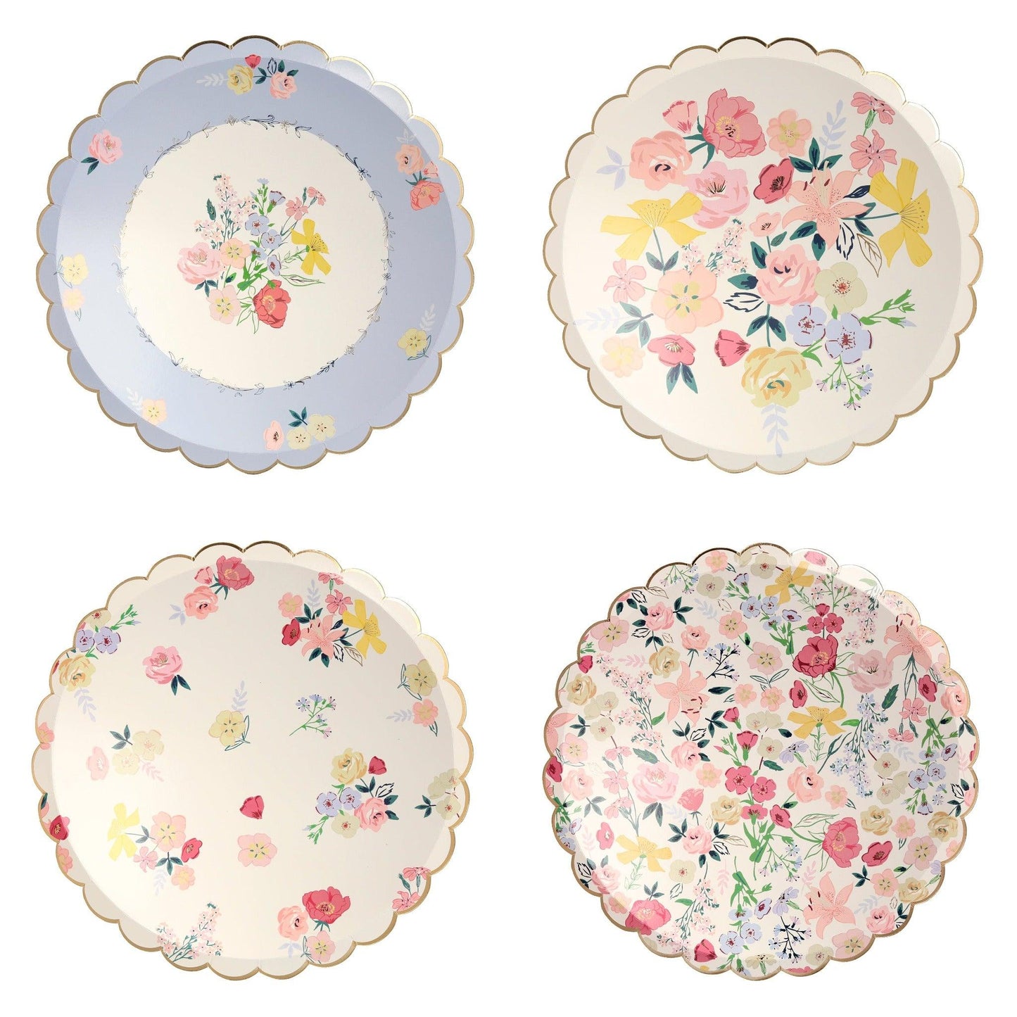 Meri Meri English garden dinner plates in soft lilac, pink, lemon and green floral patterns.