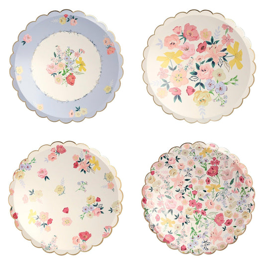 Meri Meri English garden dinner plates in soft lilac, pink, lemon and green floral patterns.