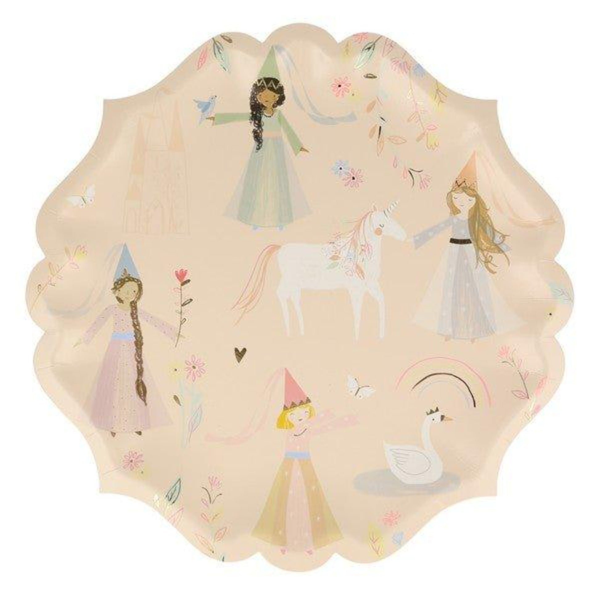 Princess themed scalloped Dinner Plates In Pale Peach With Princesses, Swans And Unicorns