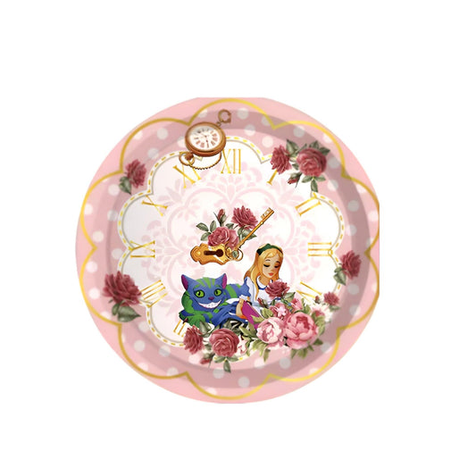 Alice in Wonderland dessert plate in pink with Alice and Cheshire Cat