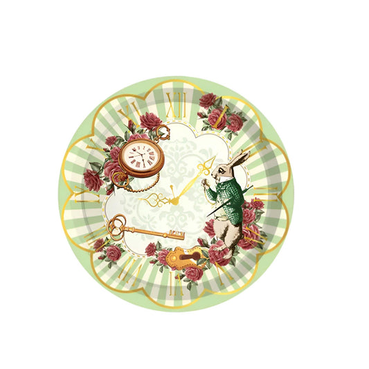 Alice in Wonderland Dinner Plate in Green with Mad Hatter and Pocket Watch Clock