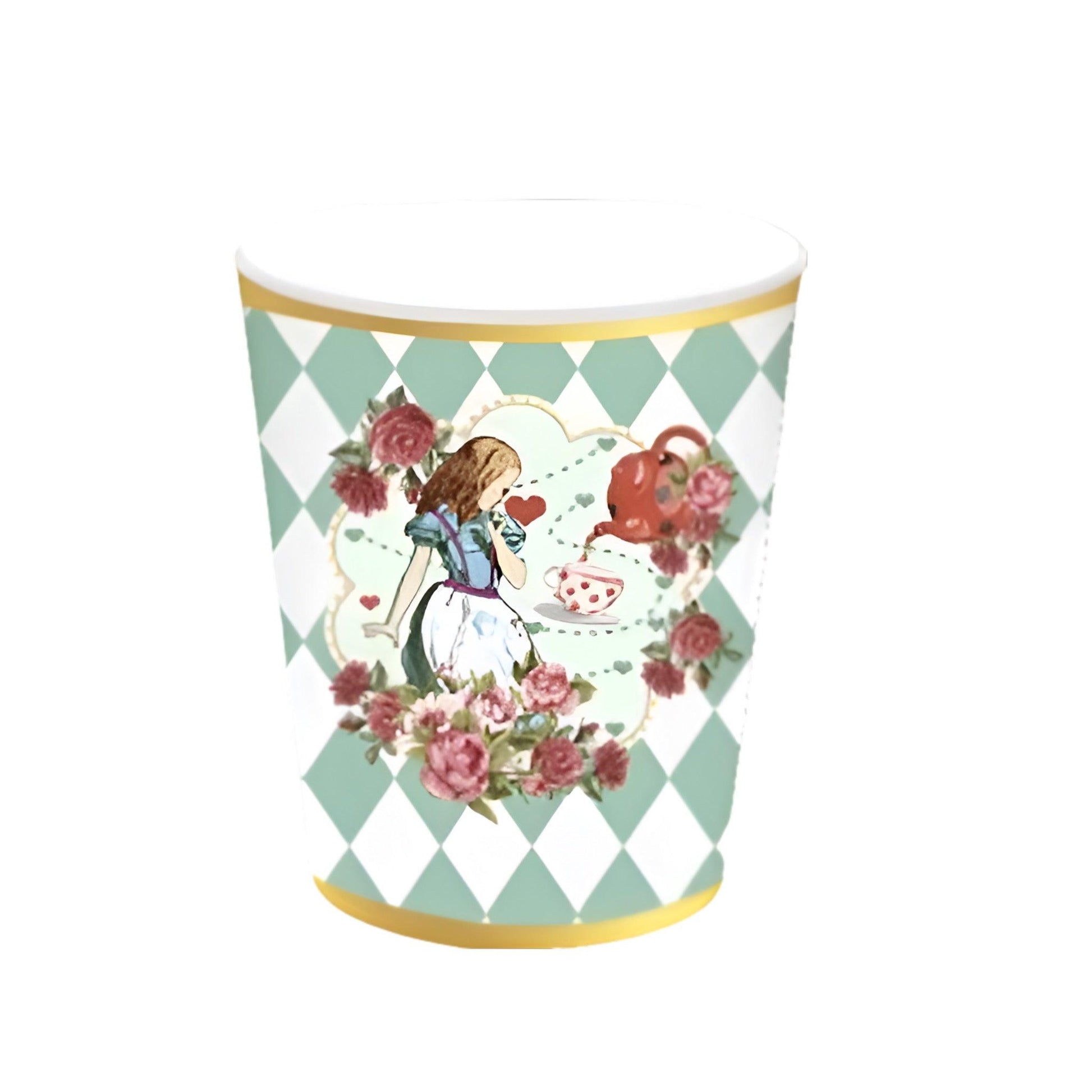 Alice in Wonderland Cup with green diamond pattern, Alice, red roses and teapot