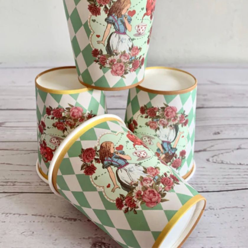 Green checkered Alice in Wonderland Paper Party Cups with Alice and red flowers